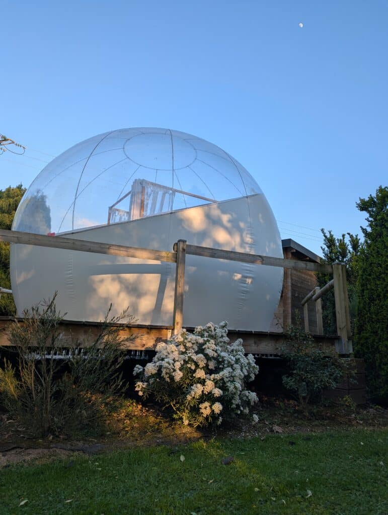 Grande bulle transparente pour glamping sur une terrasse en bois, avec un ciel bleu lumineux, la lune et des fleurs blanches.
