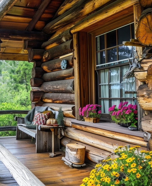 Porche rustique d'une cabane en rondins avec banc en bois, coussins colorés, citrouille et fleurs roses vives près d'une fenêtre.