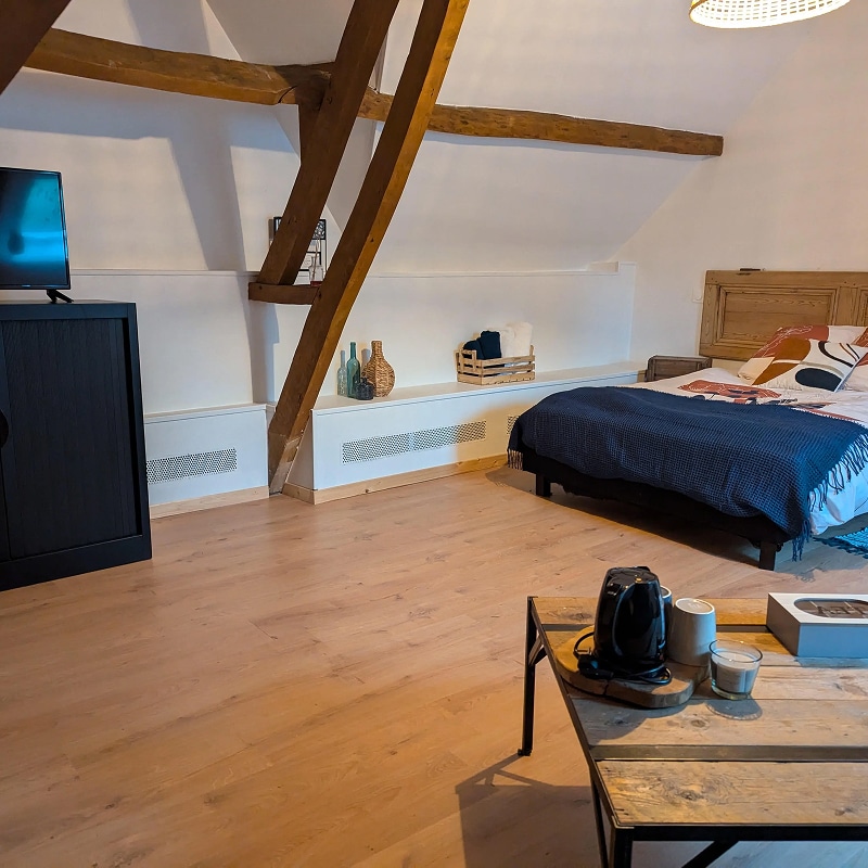 Chambre mansardée lumineuse avec poutres apparentes en bois, lit confortable, TV et table basse. Décoration cosy.