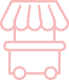 Icône contour rose d'un chariot de vendeur ou stand de marché avec auvent rayé et roues. Représente le commerce mobile.