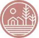 Logo cercle: cabanes minimalistes, soleil, arbres stylisés et lignes ondulées sur fond terre cuite. Représente nature et évasion.
